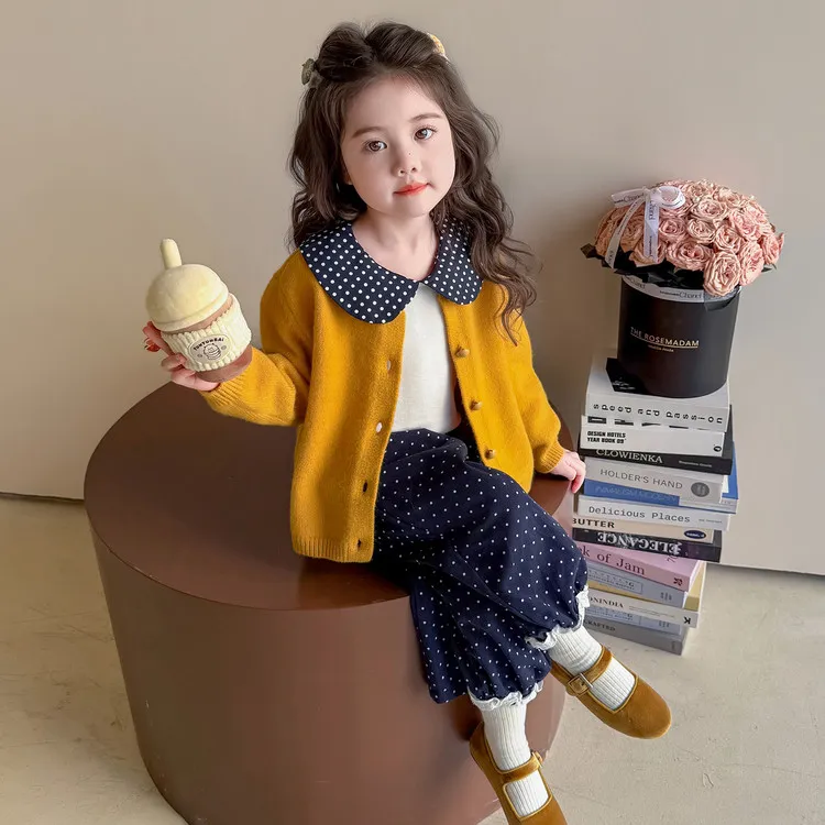 女童韩版针织开衫三件套装秋季儿童洋气毛衣外套小女孩直筒阔腿裤