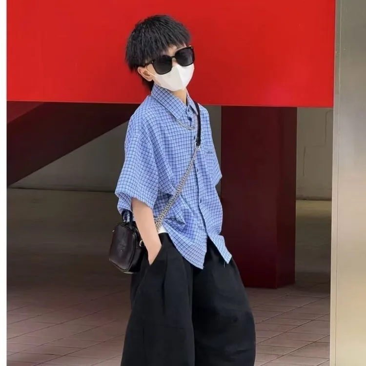 2025童装夏装新款男童衬衫纯棉中大童夏季儿童短袖格子衬衣全棉潮