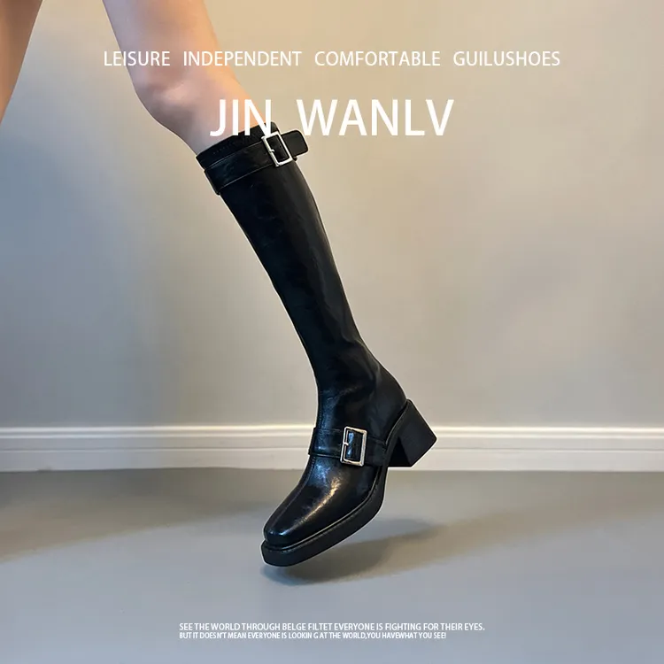 法式弹力皮粗跟高筒长靴女瘦瘦靴2025秋冬新款复古方头加绒骑士靴