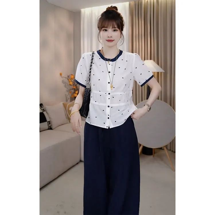 法式夏装搭配有一整套ins设计感爱心波点短袖衬衫休闲九分裤套装