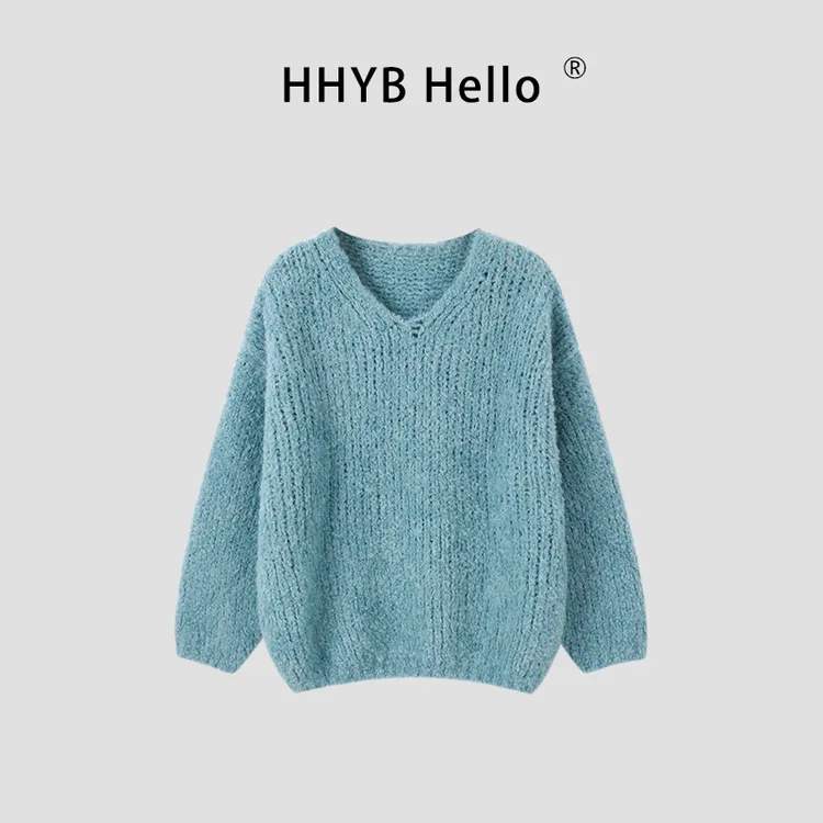 HHYB Hello2025秋季新款韩系设计感宽松慵懒风灯笼袖v领毛衣M1375