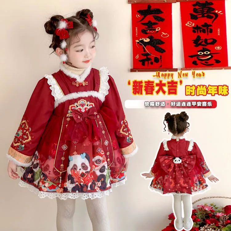 女童洛丽塔公主裙 蓬蓬裙秋冬新款儿童中式熊猫cos服女孩国风年服