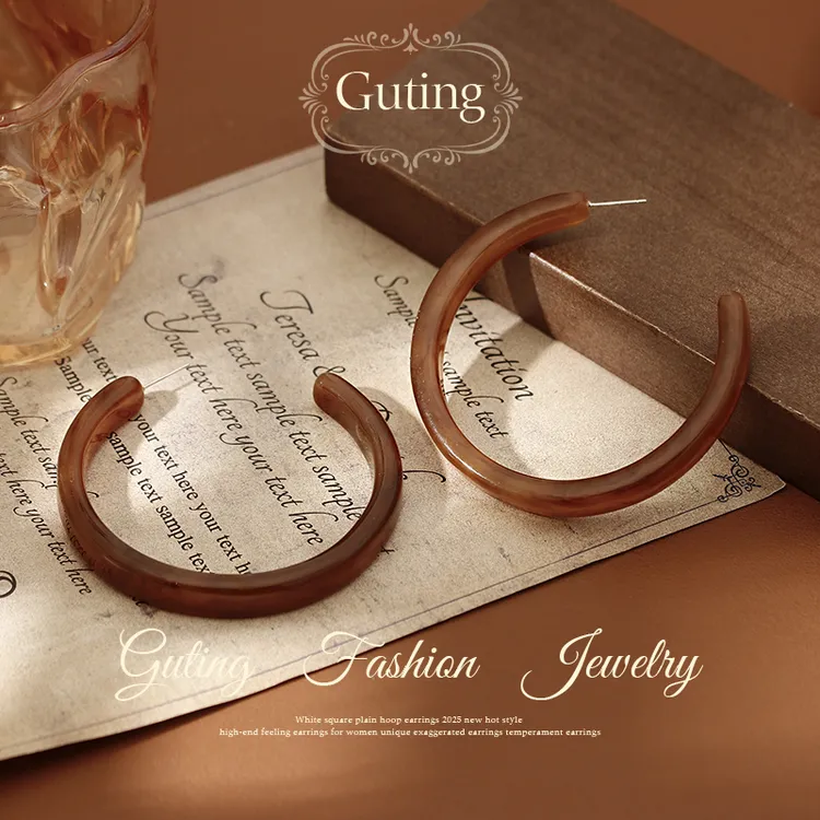 铜合金耳饰 22271咖色C圈耳圈耳饰女精致耳钉适合圆脸的复古耳环