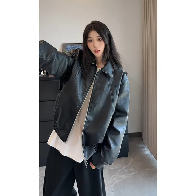 美式潮牌拼接pu皮衣夹克男生春秋新款高街痞帅宽松休闲机车服外套