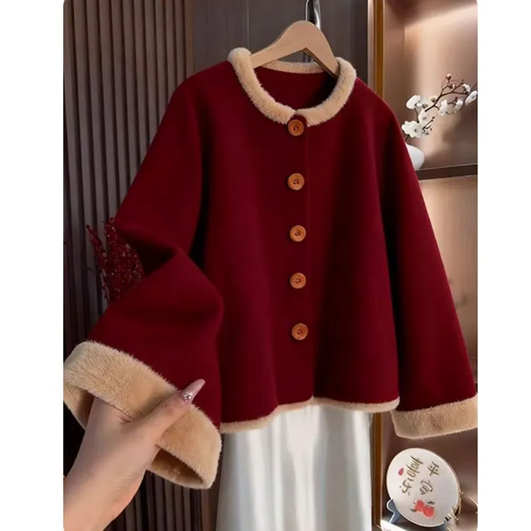 新中式气质国风复古红色外套女装2025年秋冬季新款本命年毛呢上衣