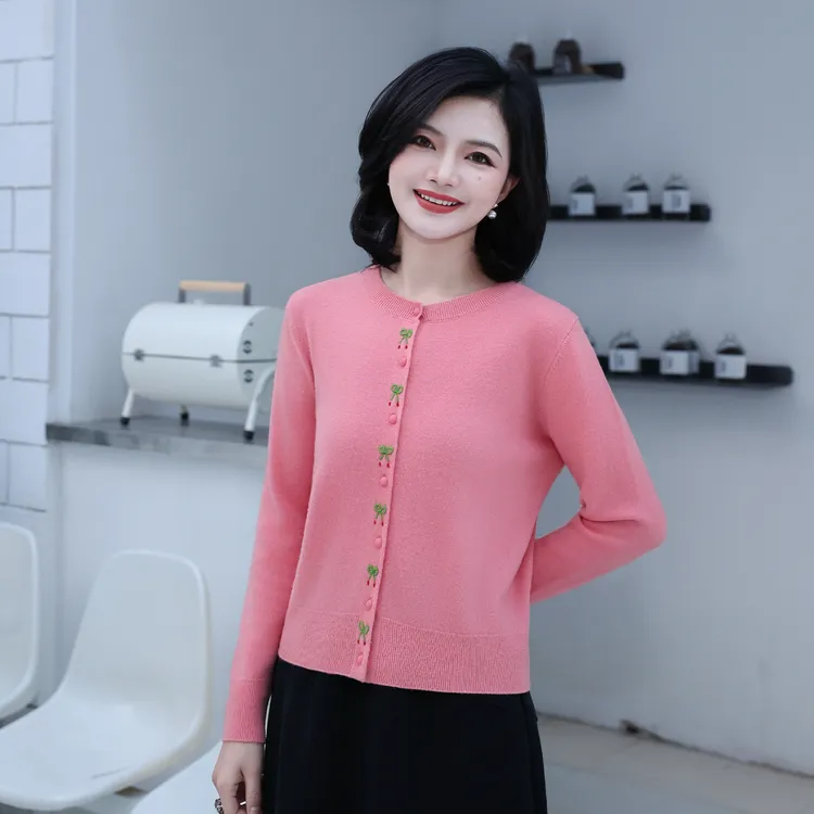 枫竺阿楠anan气质圆领刺绣百搭全羊毛针织开衫女冬通勤保暖毛衣