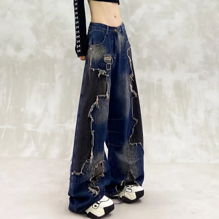 个性拼色拼接设计加绒牛仔裤女冬新款高腰宽松显瘦百搭直筒阔腿裤