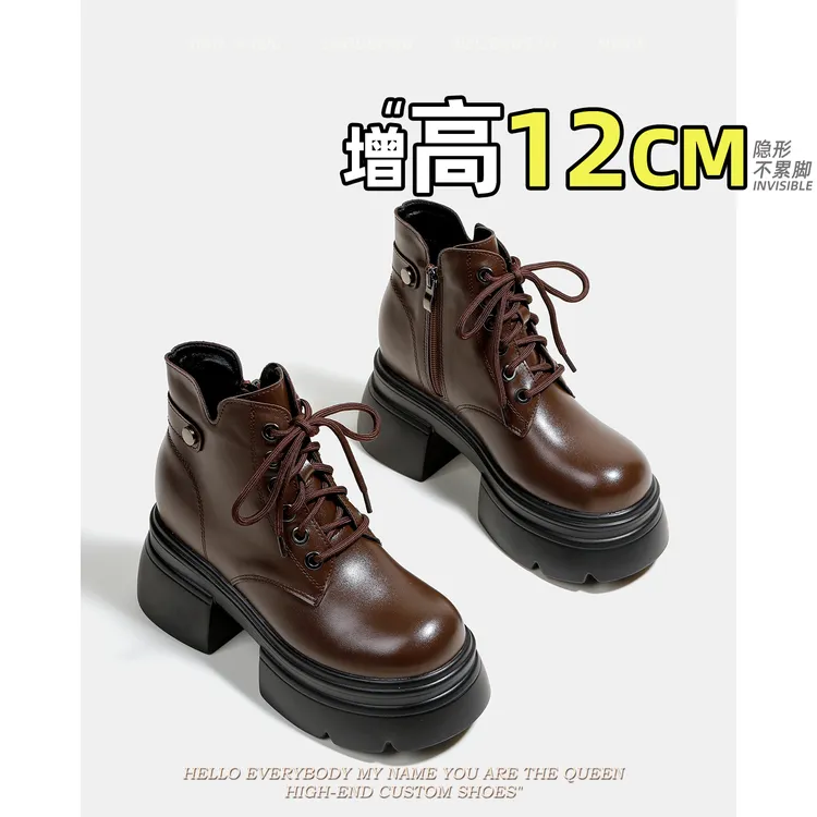 小个子内增高12cm马丁靴女2025新款复古厚底短筒靴百搭真皮瘦瘦靴