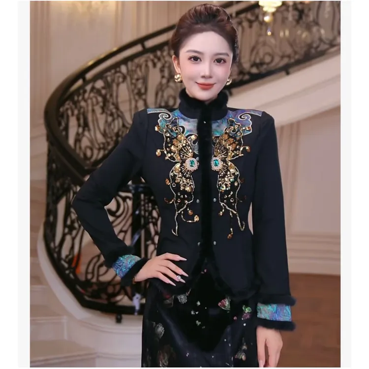 【芙娜妮】新中式加绒2025秋冬保暖显瘦黑色长袖短外套女F2531149A