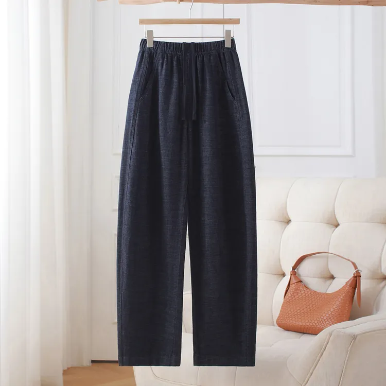 清冷侘寂来自比利时亚麻弯刀裤女春夏窄版阔腿裤松紧腰棉麻休闲裤