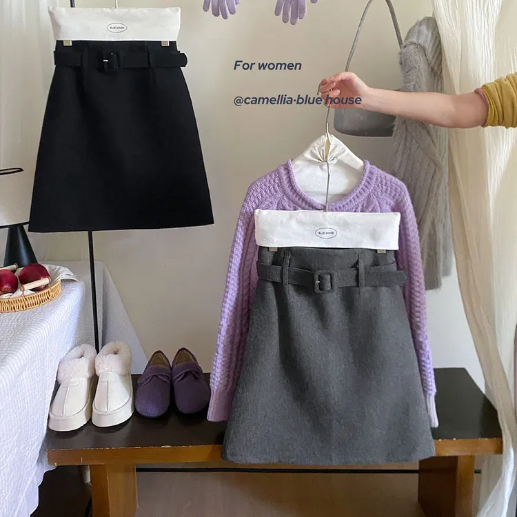 法式复古净版毛呢智性烟管中裙女冬气质高腰显瘦直筒五分半身裙