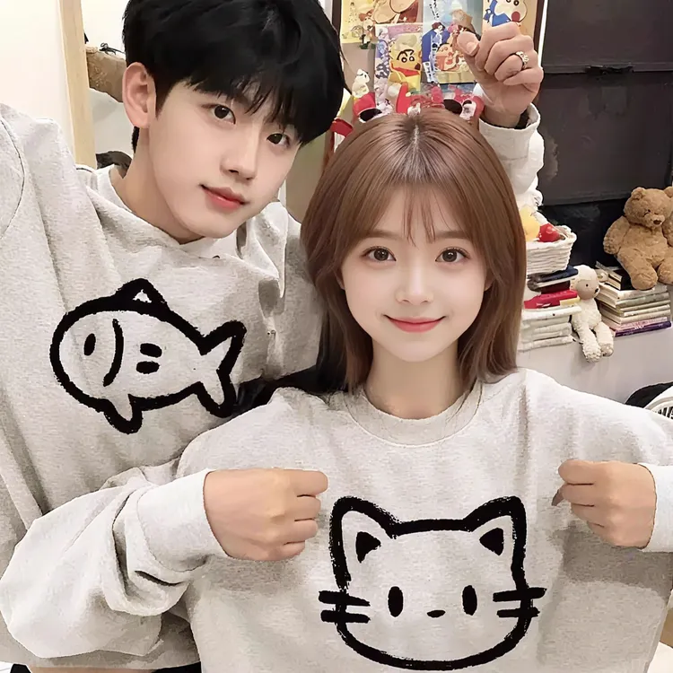 【两件】特别的情侣装卫衣2025新款秋冬季加绒圆领时尚韩系可爱猫咪