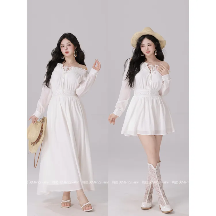 萌面侠【温柔白开水】仙气设计感白色一字肩显瘦连衣裙5779A5797M