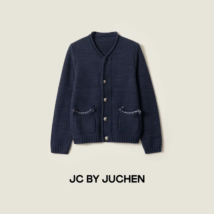 意产青蓝花纱低调华丽绕线工艺编织针织毛衣外套 FW102008-195