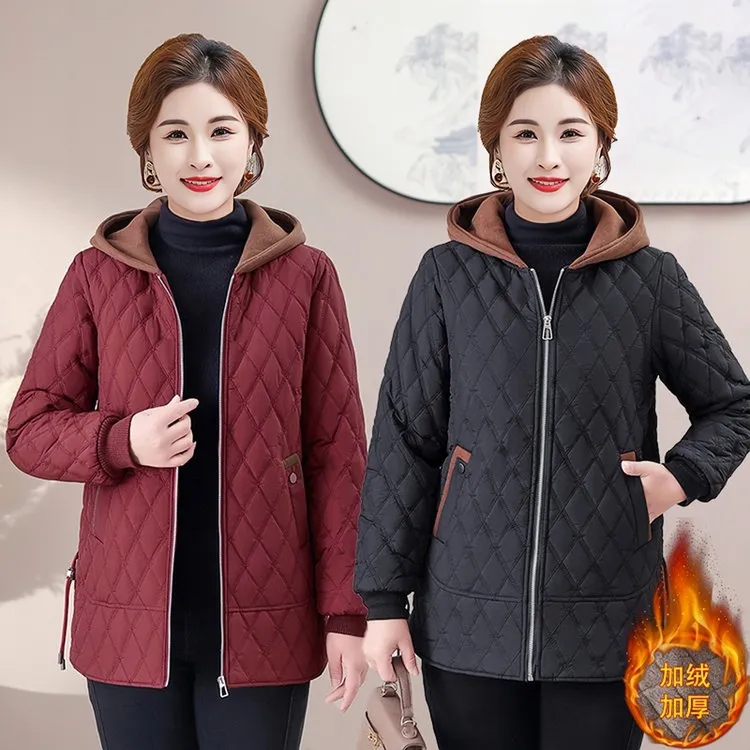 女士轻薄大码小棉服加绒加厚连帽保暖棉衣棉袄中年妈妈装冬款外套