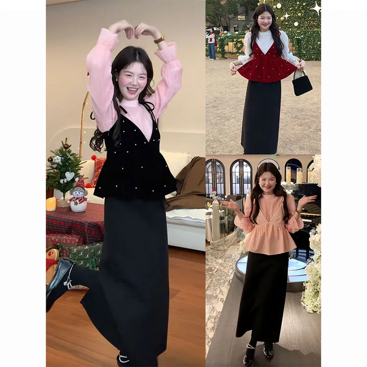 秋冬一整套女装2025新款韩版气质显瘦吊带上衣衬衫半身裙三件套装