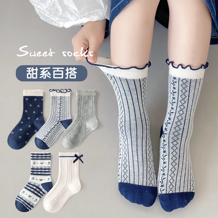 新款女童袜子秋冬季宝宝日韩甜系花边中筒袜小女孩藏青复古公主袜