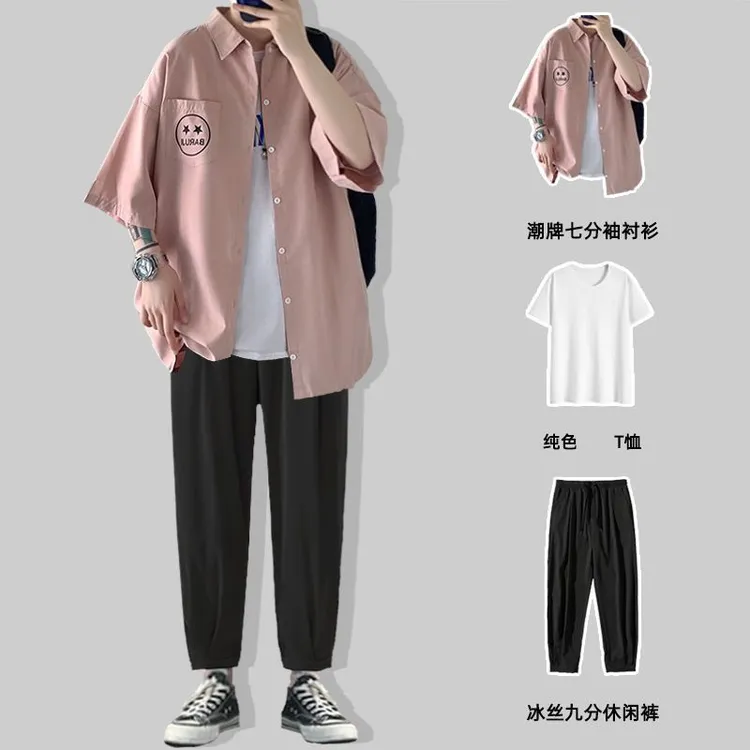 山力达迪五分袖衬衫男宽松潮牌冰丝夏季男装一套搭配帅气短袖套装