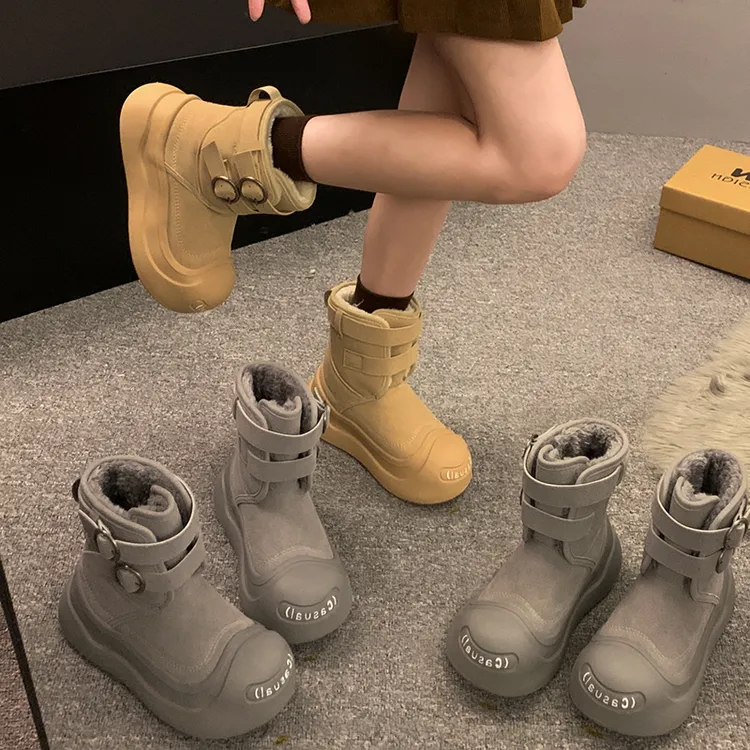 贾不假灰色雪地靴女2025新款冬季加绒加厚保暖厚底棉靴百搭街头风