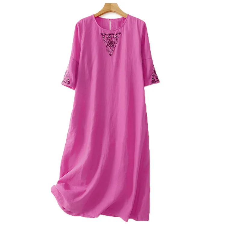 文艺2025夏季新款连衣裙棉麻纯色绣花中长裙复古宽松外出洋气裙子