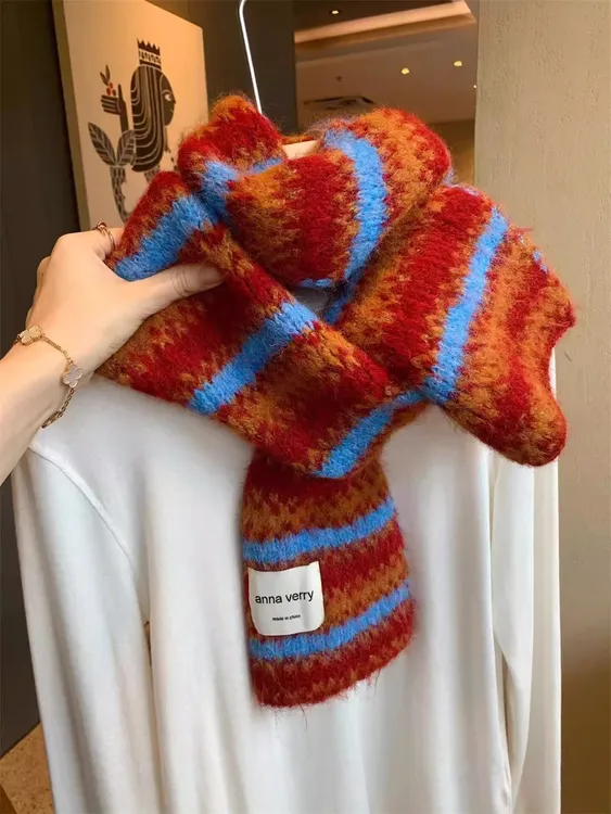 韩国款软糯撞色条纹针织围巾女冬季韩版百搭学生加厚保暖羊毛围脖