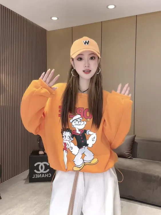 LL881 美式潮牌大力水手卫衣女加绒秋冬设计感宽松上衣打底衫