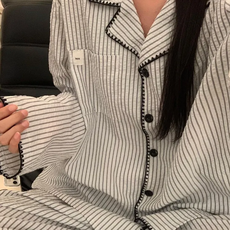 SUAM RUO韩系灰白条纹长袖睡衣女春秋款简约甜美高级家居服两件套