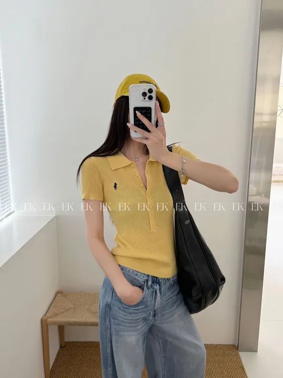 夏季新款港风刺绣POLO衫纯色修身显瘦短袖T恤黄色上衣1037