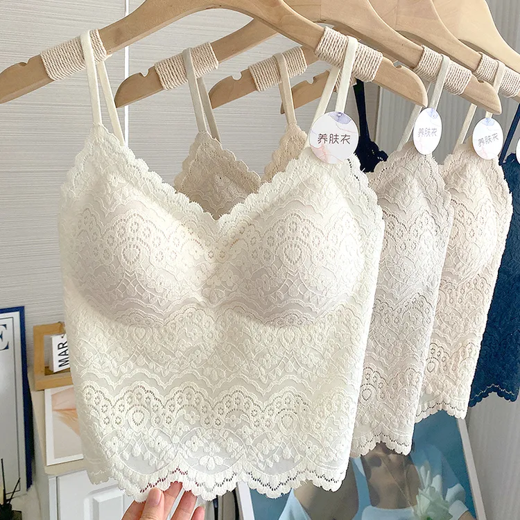 蕾丝V领美背吊带文胸一体秋季性感内搭无痕带胸垫背心女打底上衣