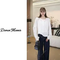 DAMAN | 亚麻宽松蕾丝长袖白色圆领T恤秋季休闲打底衫DM25357