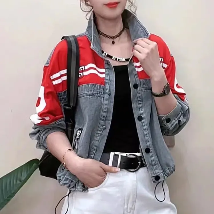 立领牛仔外套女2025春秋新款拼接织带欧版时尚潮流百搭夹克上衣