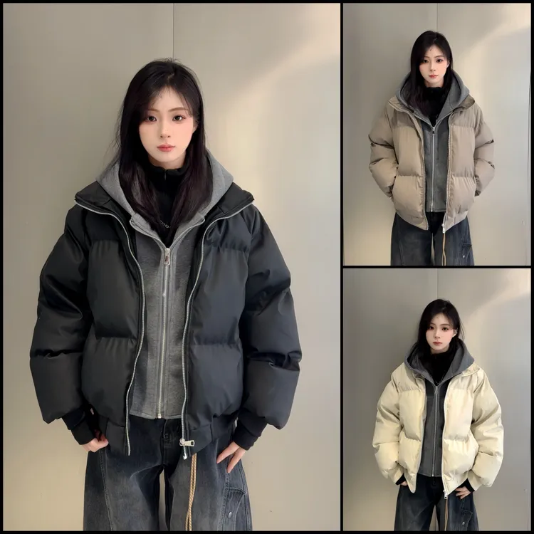 AT 假两件冬季连帽PU皮双拉链加厚棉服男宽松保暖百搭棉衣