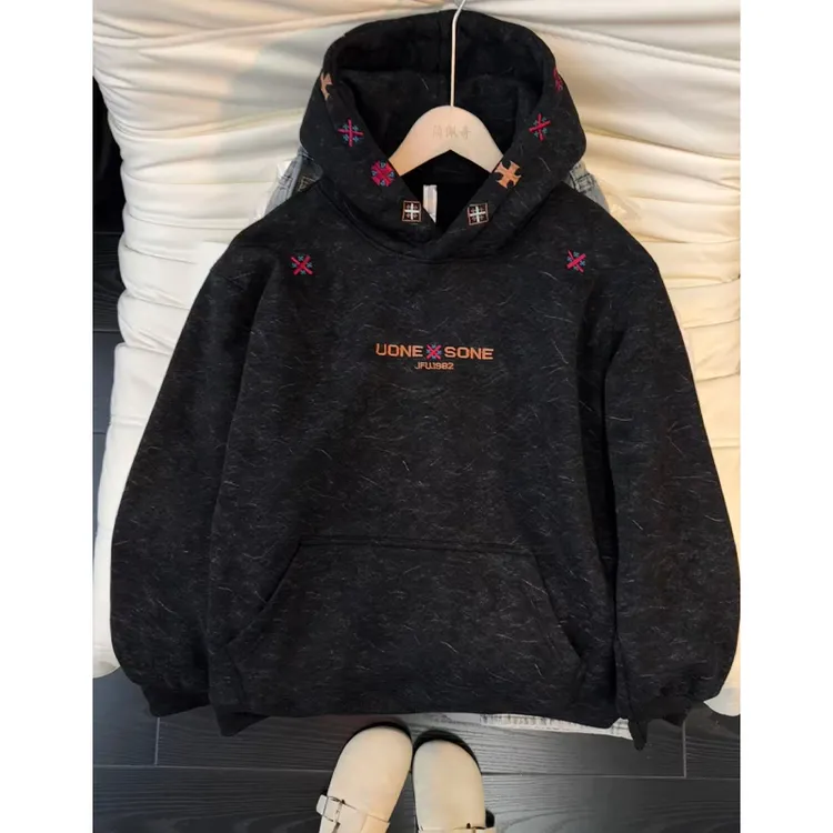 美式复古刺绣卫衣男款秋冬季加绒加厚设计感连帽潮牌宽松休闲上衣