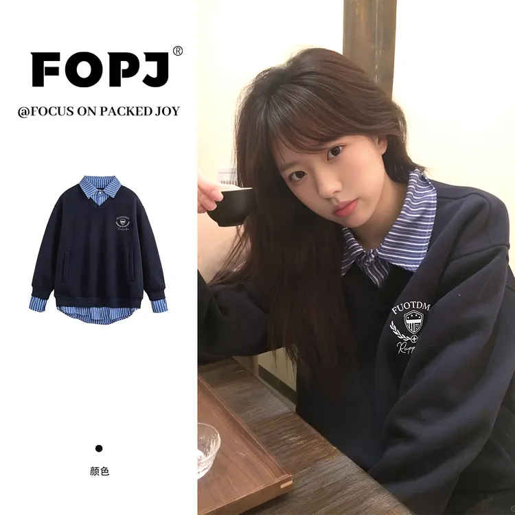 FOPJ刺绣款宽松韩版假两件拼接格子春秋卫衣学院风百搭休闲上衣女