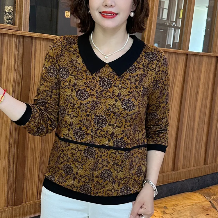 秋季新款时尚娃娃领印花洋气妈妈装显瘦百搭休闲长袖女装上衣B868