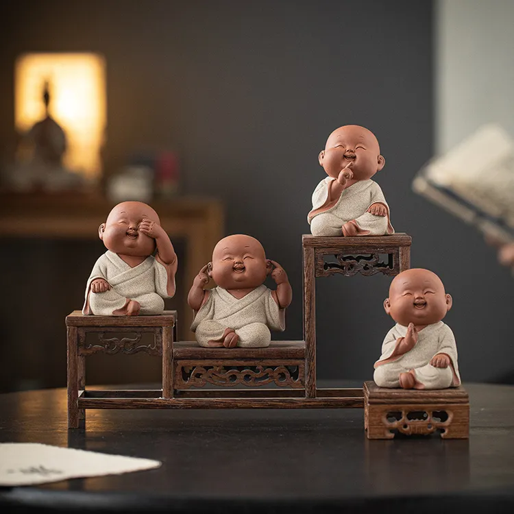紫砂四不小和尚茶宠摆件精品可养可爱小沙弥茶桌茶台装饰