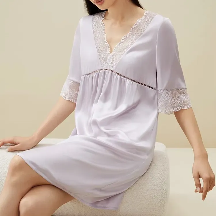 丝睡裙女丝蕾丝纯色舒适宽松丝绸睡衣家居服休闲睡衣