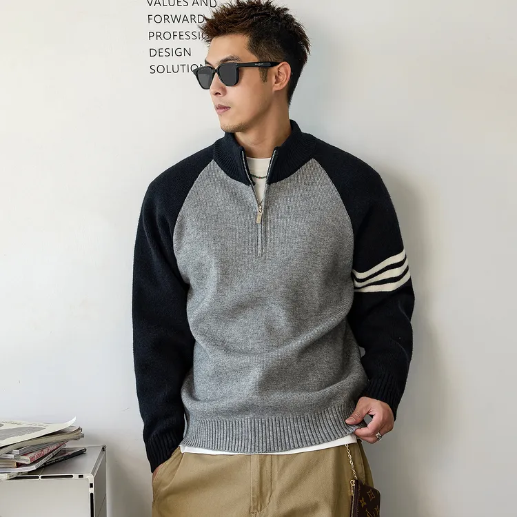 Aft studio拼色三条横 拉链立领套头毛衣男秋冬休闲通勤针织上衣