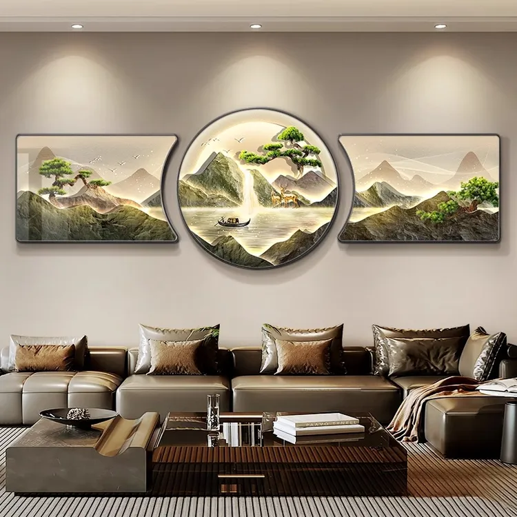 流水生财客厅装饰画山水画聚宝盆高档大气沙发背景墙挂画三联壁画