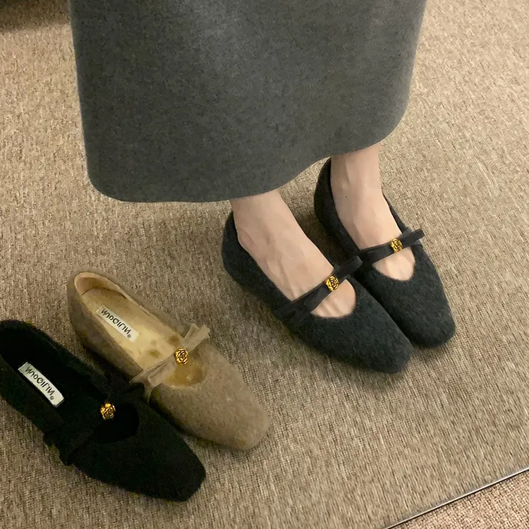 法式小香风秋冬新款加绒山茶花玛丽珍女鞋增高浅口百搭单鞋气质