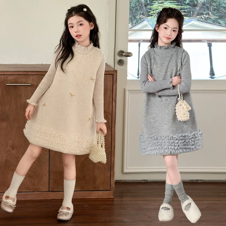 女童呢子花边连衣裙新款女孩洋气年服中大儿童韩版中长款背心裙