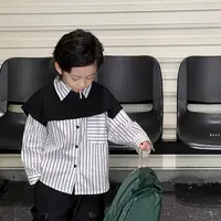 【现货】阿卷秋装儿童韩版潮流真两件条纹学院风衬衫AD0441