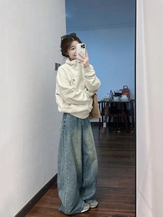 【午茶小调】法式简约高级感气质翻领长袖上衣减龄高腰牛仔裤两件套