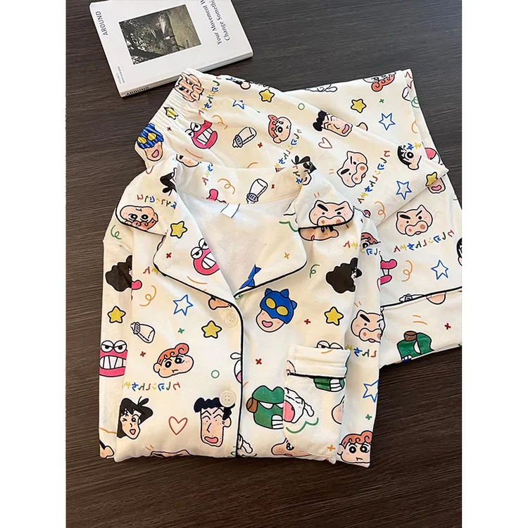 卡通蜡笔小新德绒睡衣女秋冬季新款舒适加绒加厚家居服可外穿套装