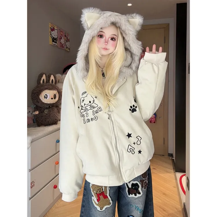 杏色毛绒KT刺绣短款外套男女秋冬夹棉加厚座山雕毛领连帽棉衣夹克