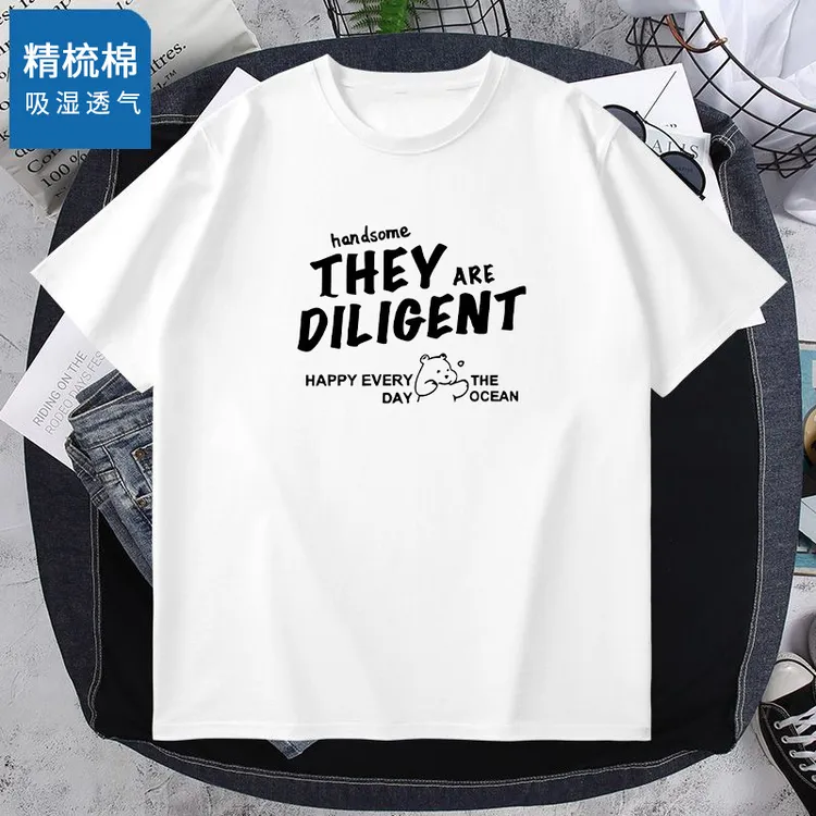 工厂新疆棉短袖t恤男潮牌夏季宽松五分袖情侣装简约印花上衣