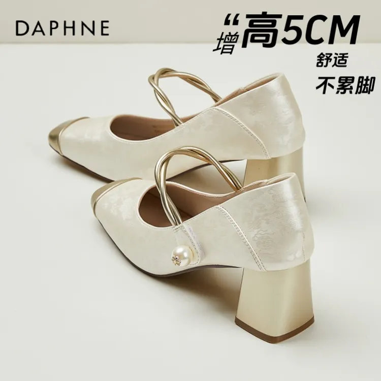 达芙妮白色新中式高跟鞋女鞋新款国风气质单鞋一字带粗跟玛丽珍鞋