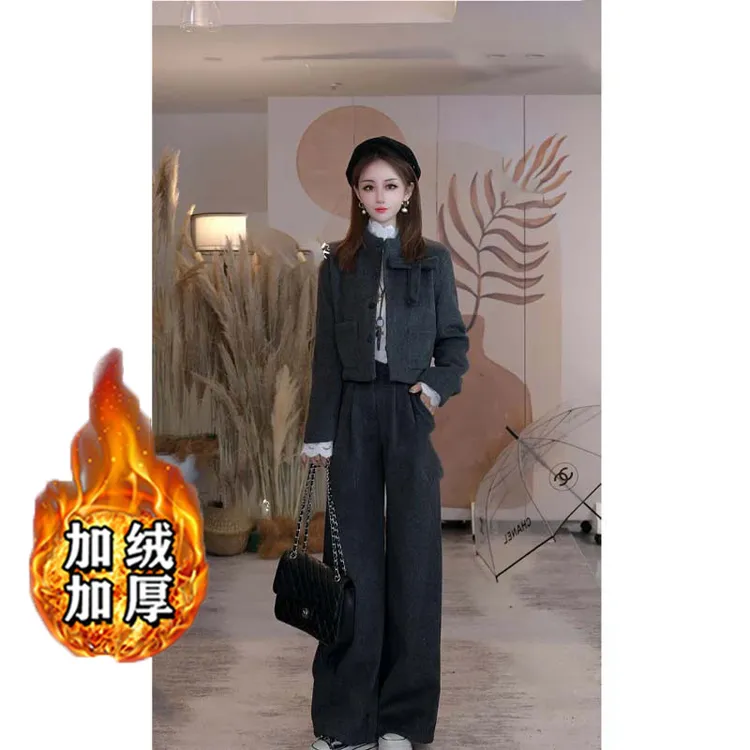 【加绒加厚】【两件套】法式蝴蝶结外套高腰阔腿裤毛呢气质秋冬QJ0135