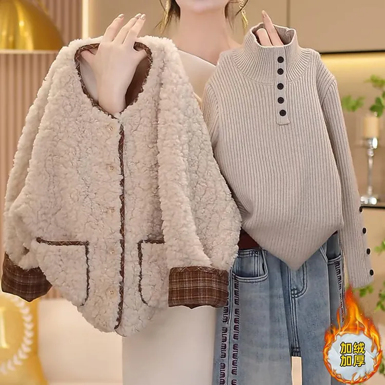 女童格子毛毛衣加绒毛衣牛仔裤三件套2025秋冬款大童皮毛一体套装