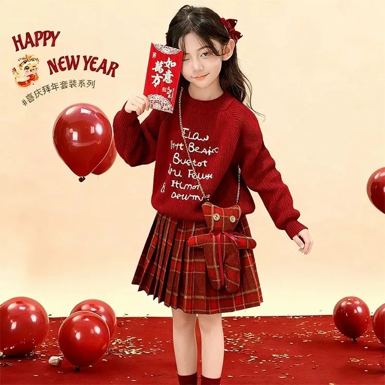 女童秋装毛衣网红休闲新款时尚红色年服冬装圆领针织衫长袖衣服潮